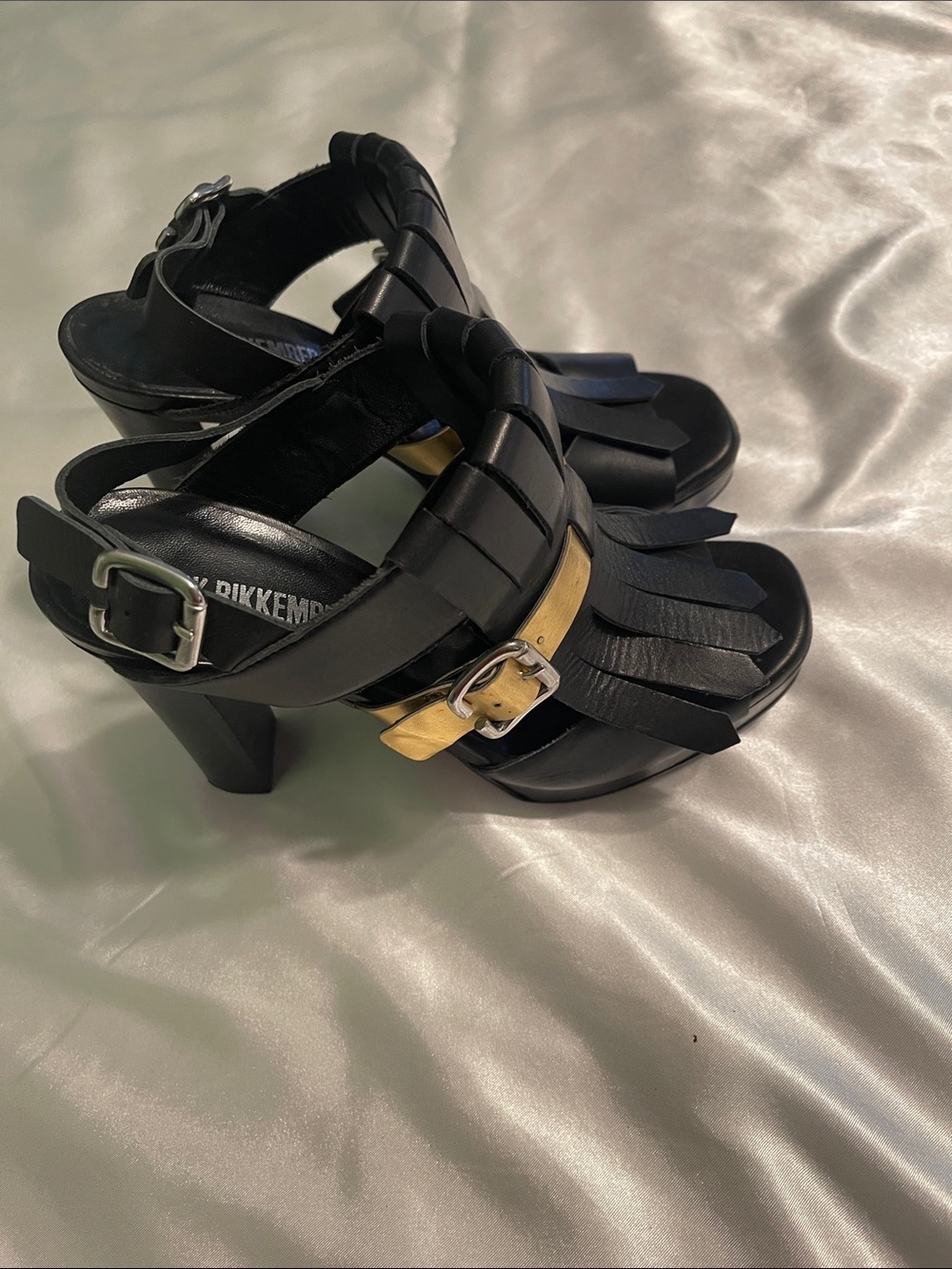 Bikkembergs Black Leather Fringe Heeled Sandals with Gold Accent